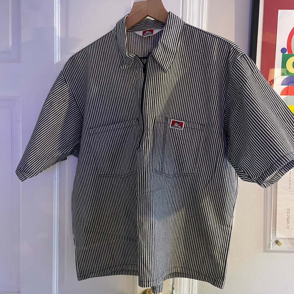 Ben Davis hickory Stripe Short Sleeve Shirt.  Quarter zip - CROPPED. Made in USA
